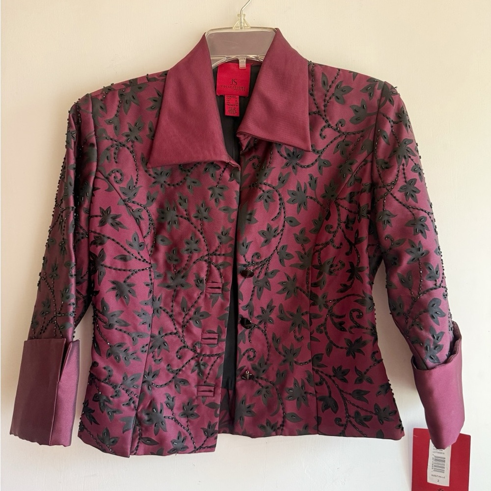 JS Collections Dark Red and Black Embroidered Blazer